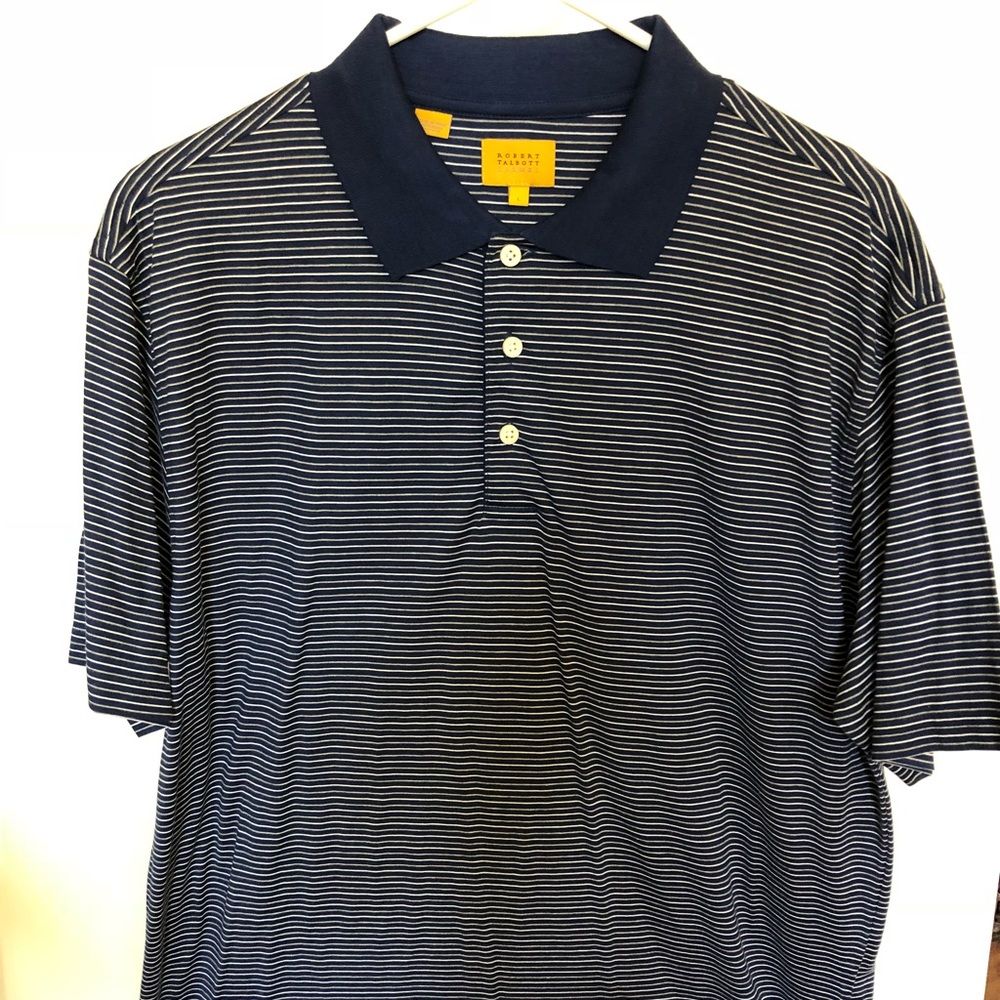 Robert Talbott cotton knit polo,blue w/thin stripe
